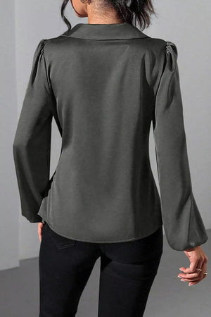 rust blouse with wrap front and bishop sleeve