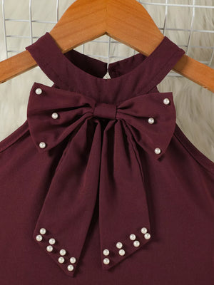 Burgundy toddler set top with pearl bowknot detail and halter neck.