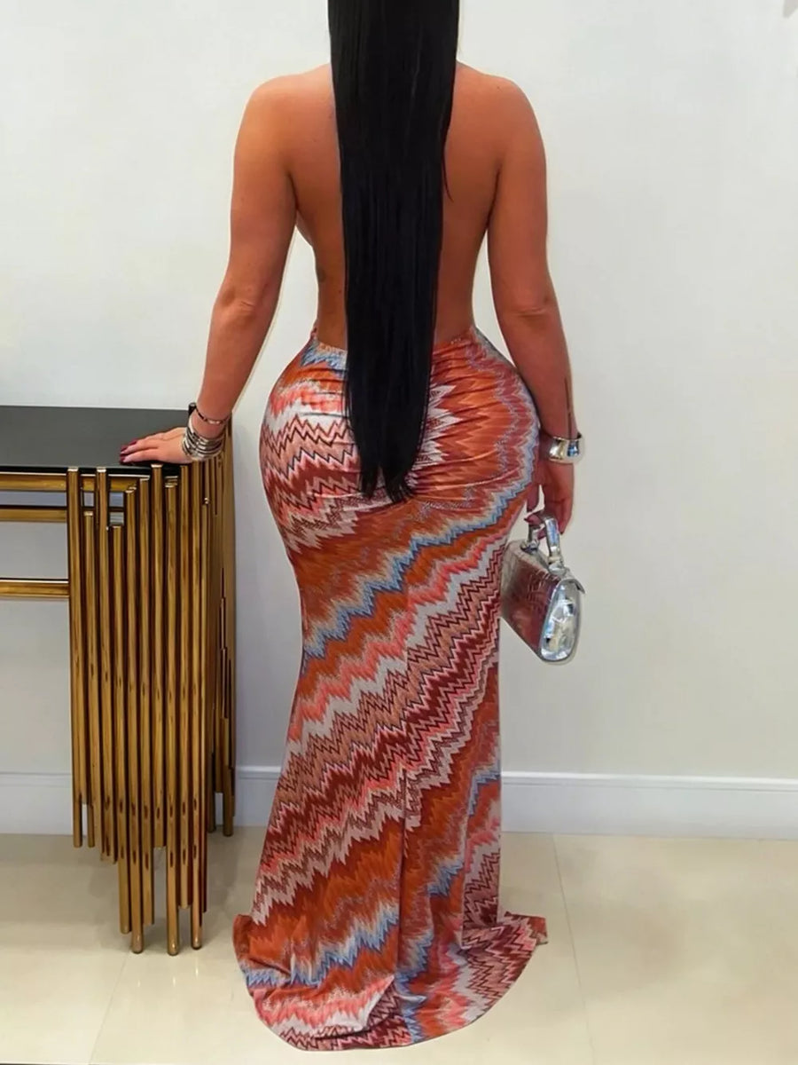 orange maxi dress featuring cutout and chevron