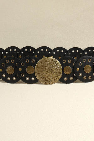 Black faux leather belt with round disc embellishments and gold-tone hardware.