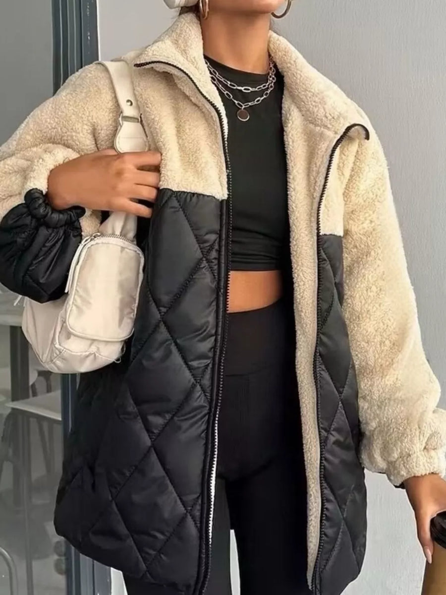 cream puffer jacket featuring pocketed and color-block