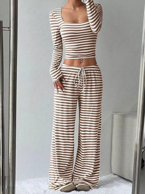 Striped crop top and wide-leg pants loungewear set with drawstring waist.