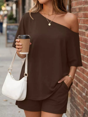 two-piece set in Light Gray with one-shoulder and hip-length