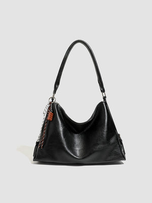 PU Leather Shoulder Bag With Charm in black with decorative charm
