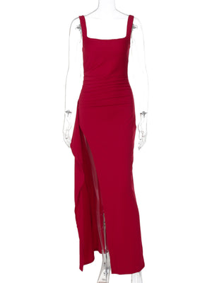Slit Square Neck Maxi Dress in black with ruched