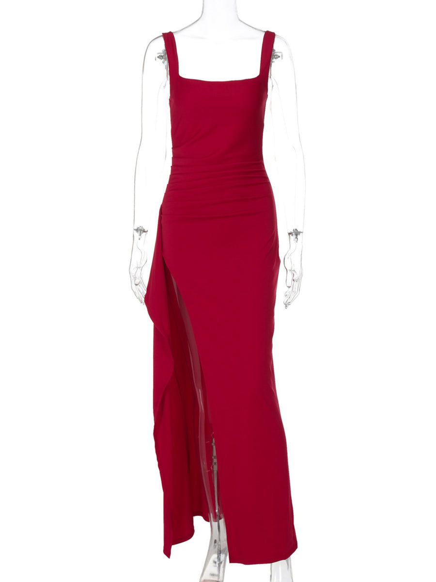 Slit Square Neck Maxi Dress in black with ruched