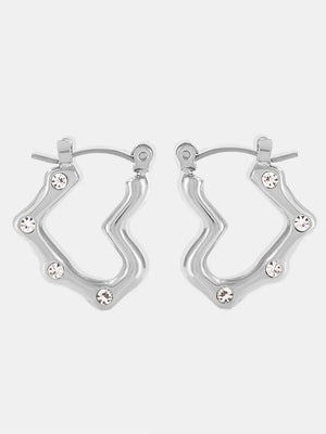 Sculpted wave hoop earrings in silver with clear bead accents.