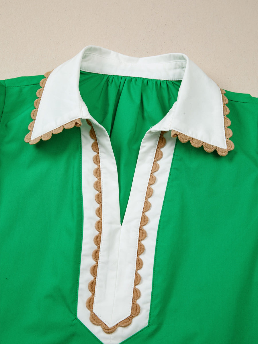 Green cotton blouse with white collar and ricrac trim detail