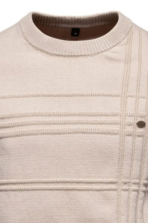 Textured crewneck knit sweater in Dust Storm with horizontal ribbed panels and a subtle plaid detail.