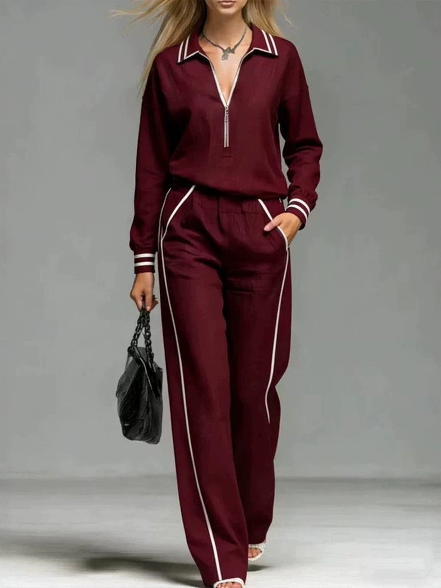Burgundy sweatshirt and pants set with half-zip and striped