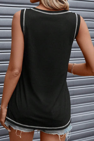 Black tank top with contrast white stitching on neckline and hem