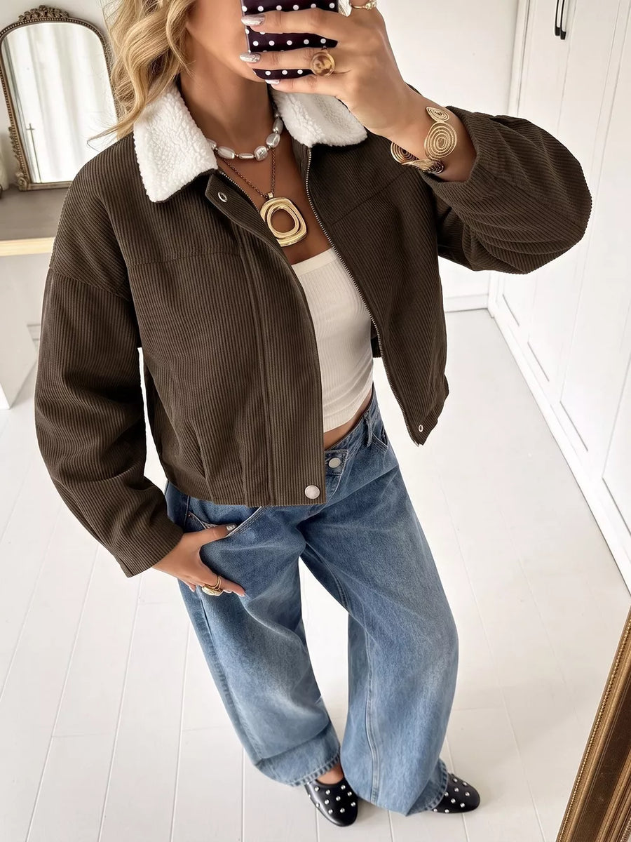 Brown trucker jacket with cropped and zip-front