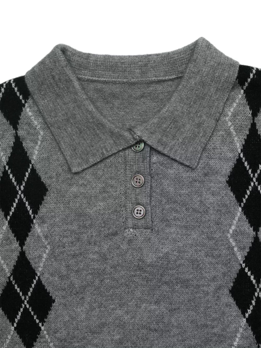 Argyle Patterned Polo Collar Sweater option 7