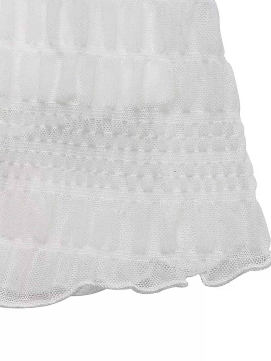 White textured smocked mesh dress with ruffled hem detail