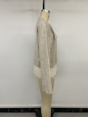 Layered Lace Hem Crew Neck Sweater in taupe with lace detail