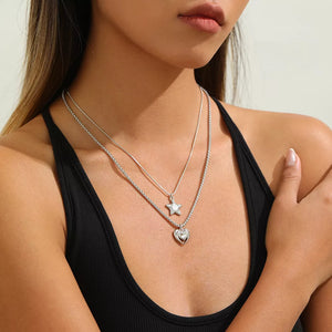 Silver 2-piece Star And Heart Pendant Alloy Necklace