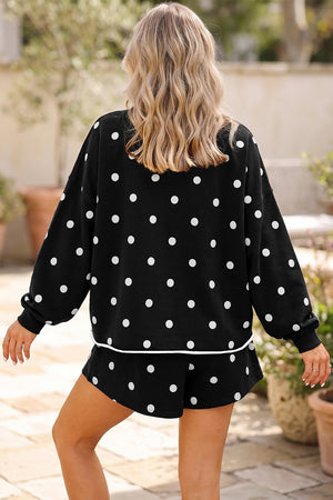 white lounge set featuring pocketed and polka dot