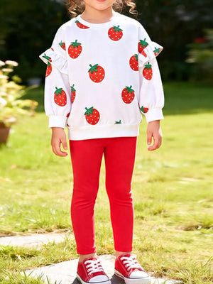 white sweatshirt and leggings set with strawberry print and crew neck