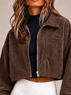 Corduroy Zip Up Cropped Jacket in Beige with pocketed