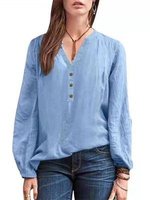 Lake blue long-sleeve blouse with V-neck and button detail