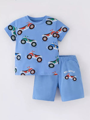 Blue ATV print toddler tee and shorts set with elastic waist shorts that say Roll With It.