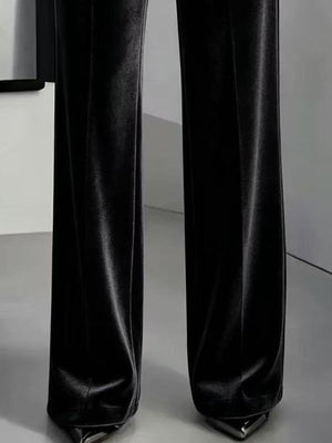 Burgundy wide-leg pants with full-length and button and zip-front