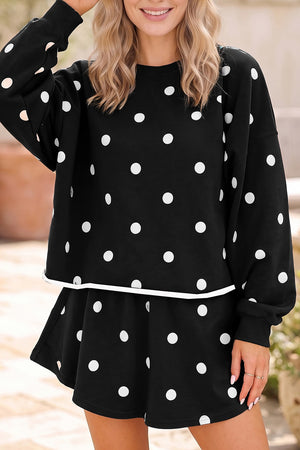 black lounge set with polka dot and crew neck