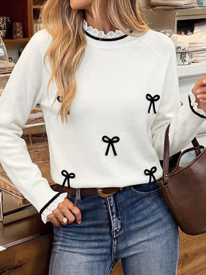 ivory pullover sweater with bow motif and crew neck