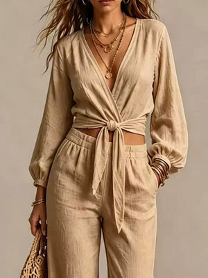 Cream relaxed Two-Piece Set with v-neck