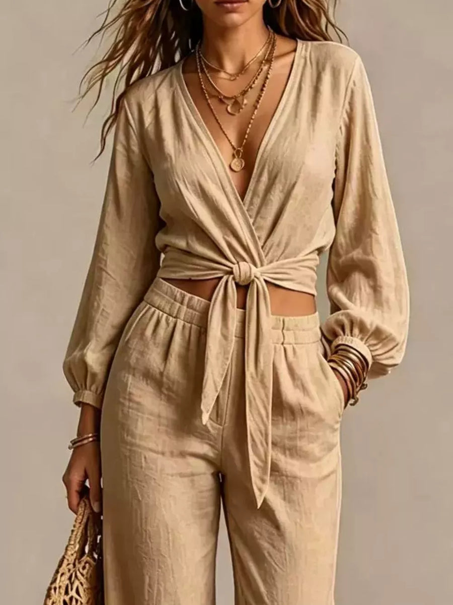 Cream relaxed Two-Piece Set with v-neck