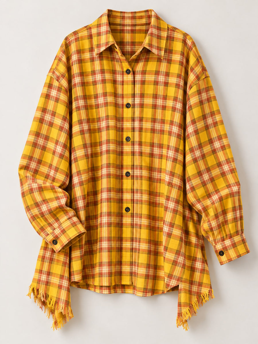 yellow button-up shirt with tunic-length and button-front