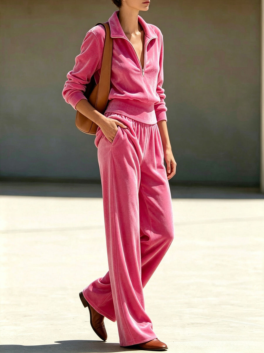 athleisure sweatshirt and wide-leg pants set in Burgundy with collared