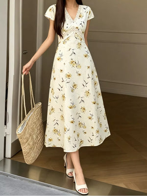cream midi dress with floral and v-neck