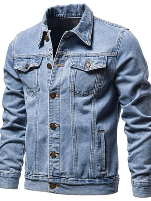 Light wash denim trucker jacket with classic fit and button closure.