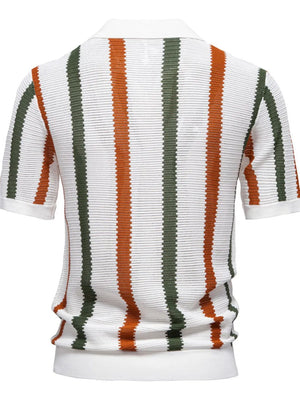 Textured stripe polo shirt with open collar in white with burnt orange and green stripes.