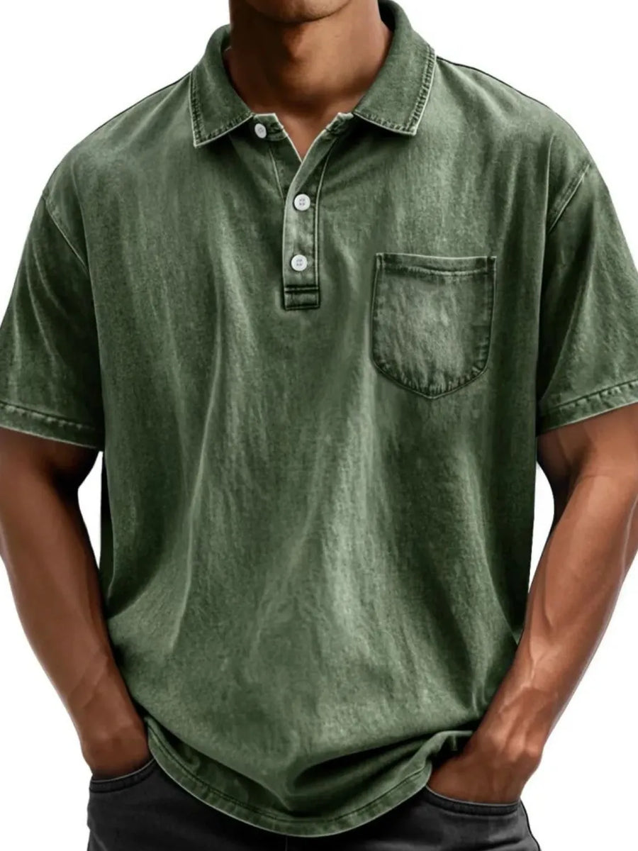 Acid wash green relaxed fit polo shirt with chest pocket and button placket.