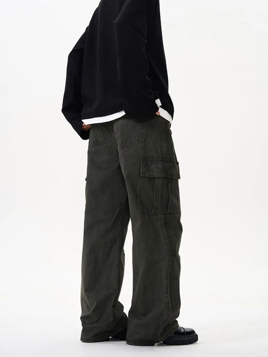Tailored cargo pants in military green with versatile pockets and a relaxed fit.