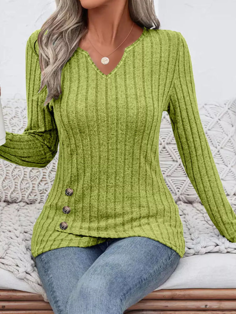 Sage ribbed knit top with notched neckline and button detail