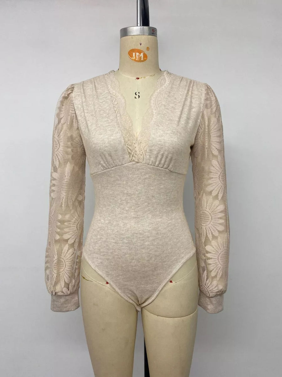 bodysuit in Apricot with lace and hip-length
