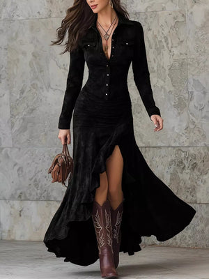Black A-line shirt dress with collared