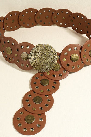 Brown faux leather belt with circular discs, eyelets, and antique gold embellishments.