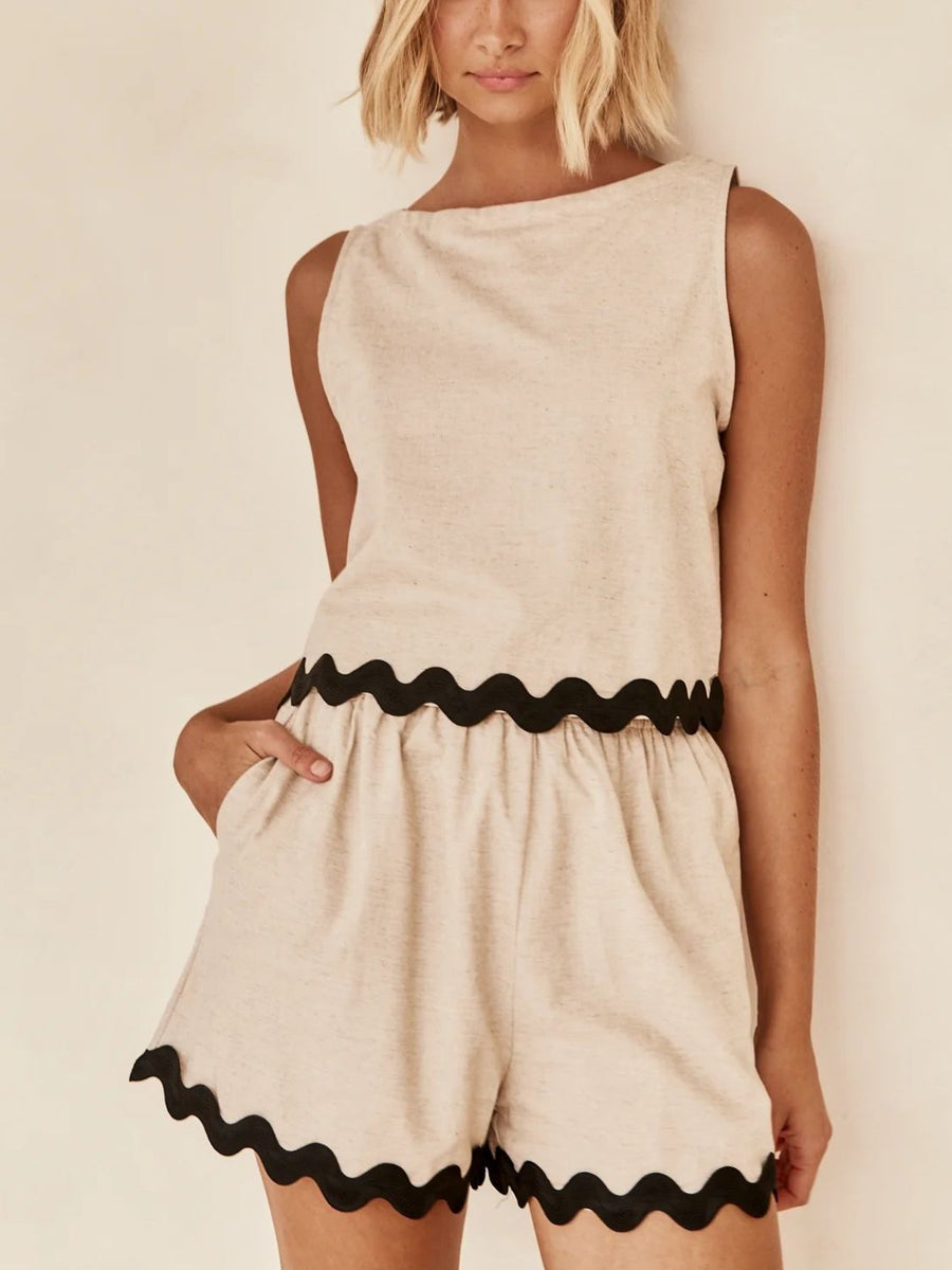 Tan linen tank top and shorts set with black scalloped trim