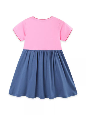Toddler dress with pink top, blue skirt, and red trim.