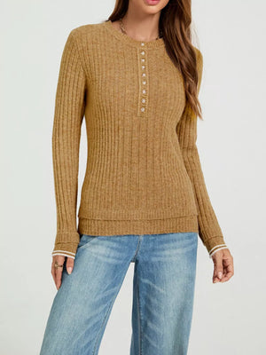 Khaki henley featuring ribbed and ribbed