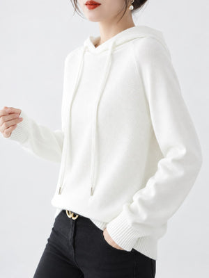 Drawstring Long Sleeve Hooded Knit Sweater in Black