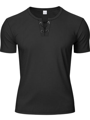 Black cotton t-shirt with lace-up V-neck and short sleeves