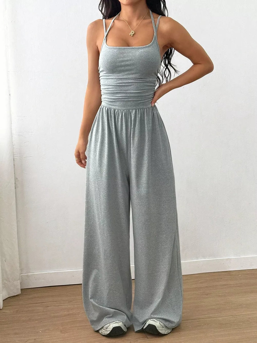 jumpsuit in dark brown with ruched and maxi