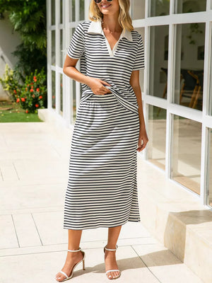 Pink two-piece set with pullover and striped