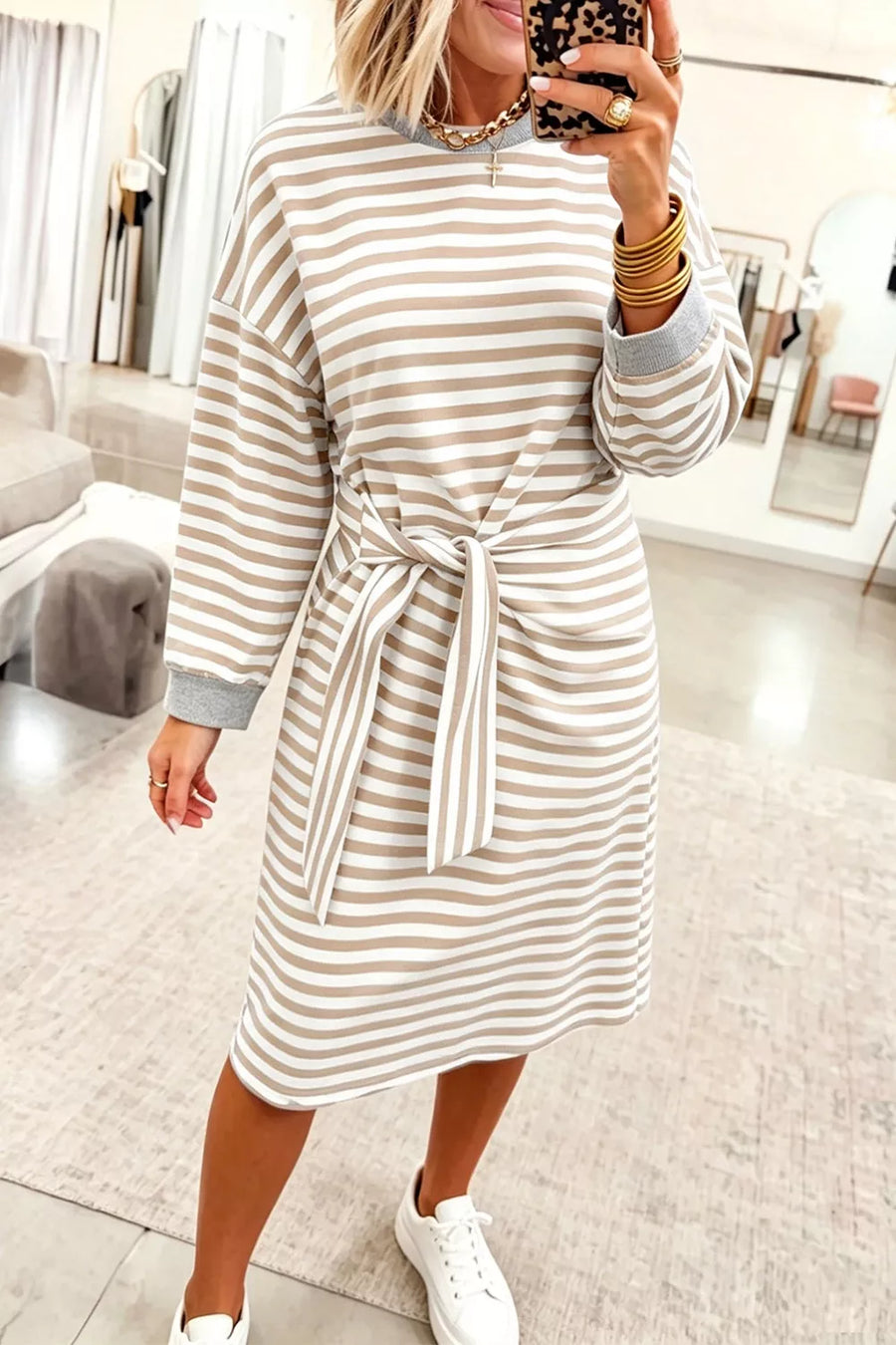 beige shift dress with striped and round neck