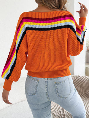 pullover sweater in yellow with striped and ribbed stretch